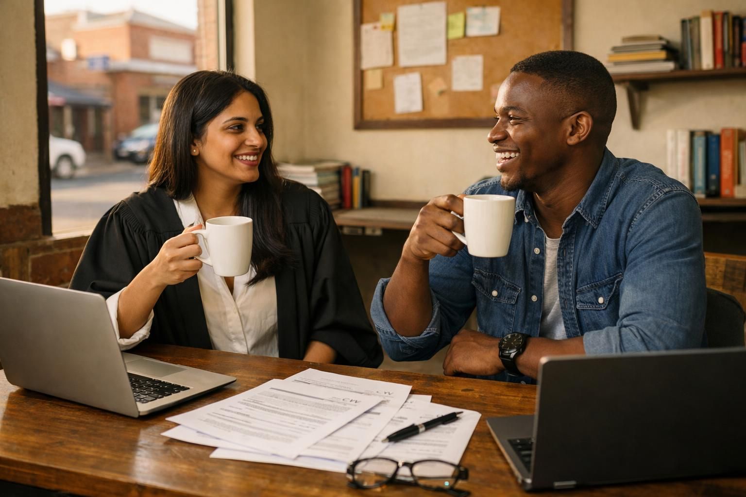 An Indian South African graduate and a Black South African classmate in a modest Kimberley workspace, taking a coffee break with laptops and printed CV drafts after studying in warm summer light.