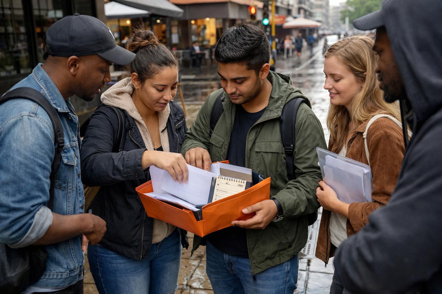 South African job seekers in Braamfontein packing a folder of documents outside a training centre after rain before going to an interview.