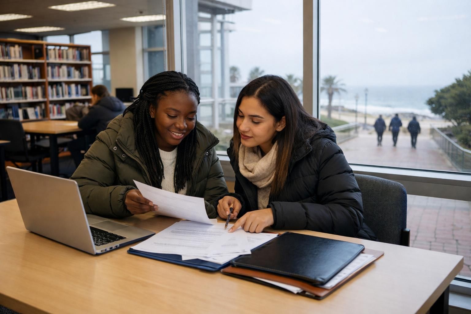 Two friends in winter jackets at a public library study table in Gqeberha, helping each other choose skills to add to a CV with a laptop and document folder on a cool winter morning.