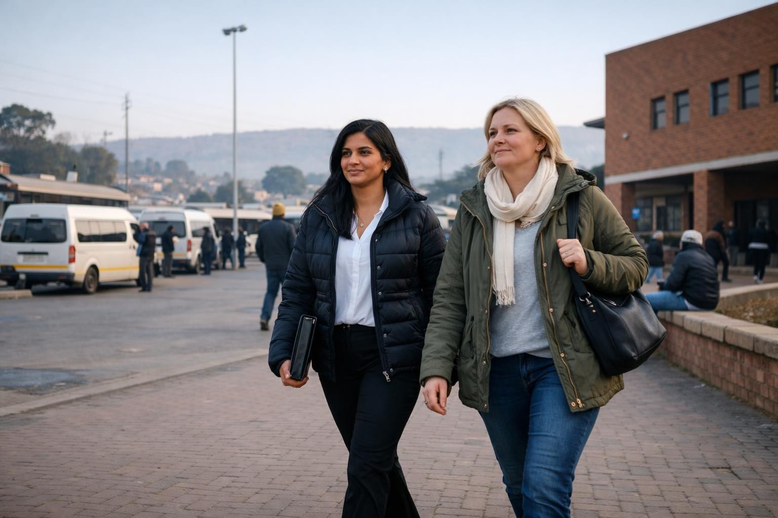 Wide photo in the Mamelodi community centre courtyard of an Indian South African woman and a white South African colleague in casual winter jackets walking confidently to an interview, with commuter public transport life around them on a cool winter morni