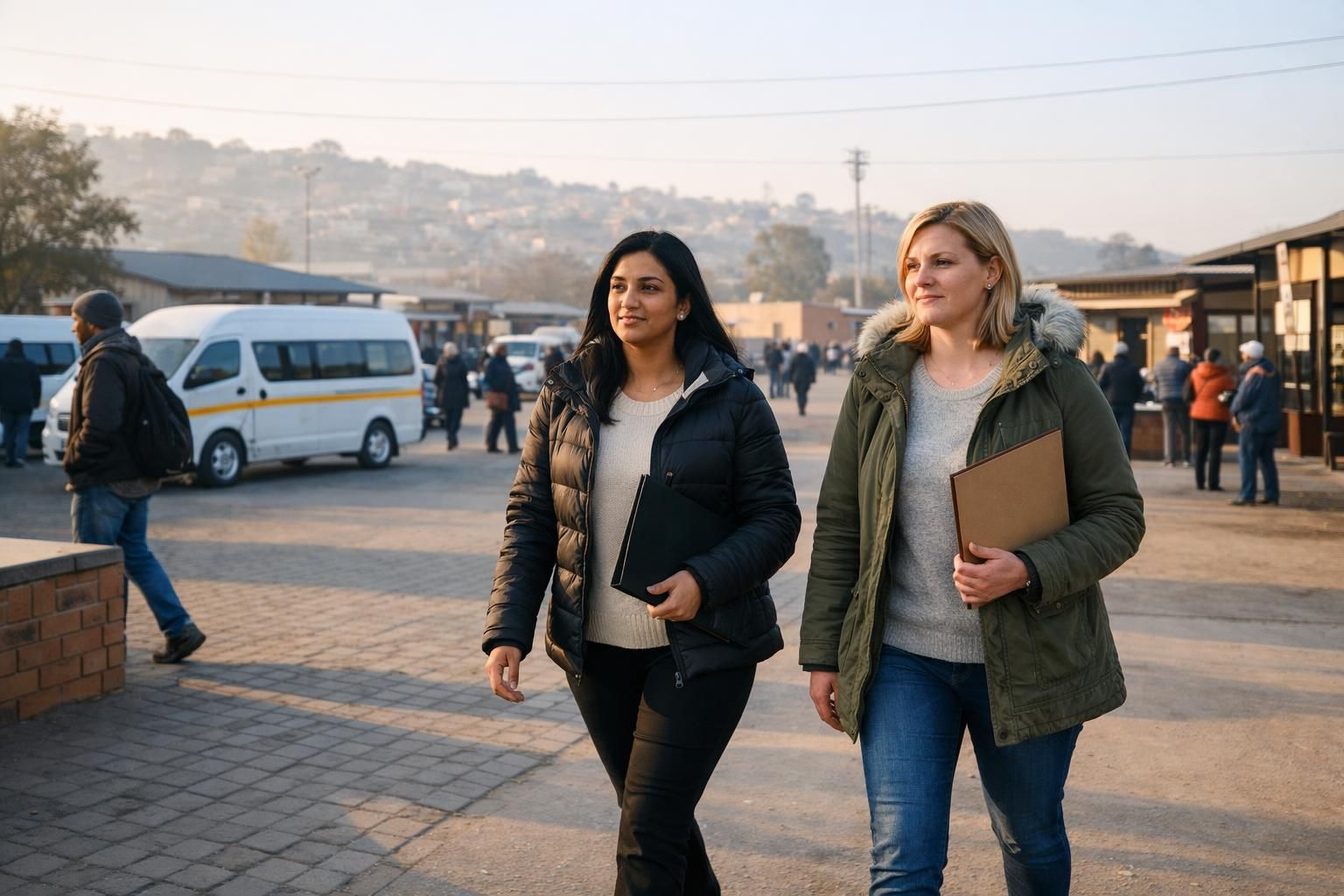 An Indian South African woman and a white South African colleague in jackets walking to an interview in a Mamelodi community centre courtyard on a cool winter morning.