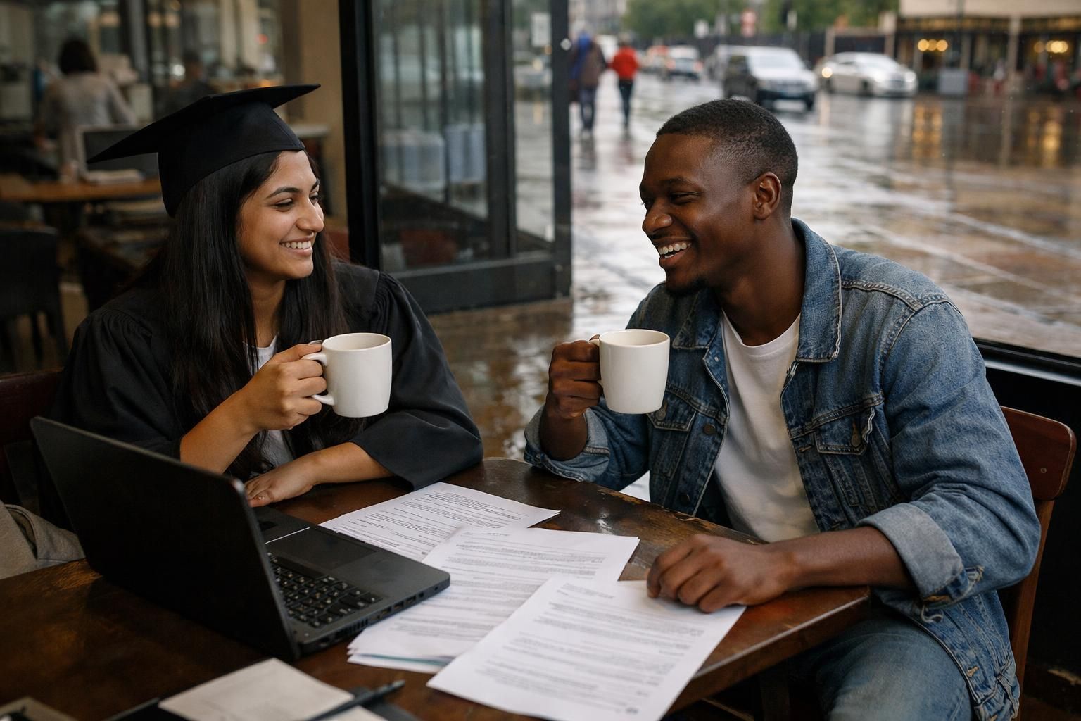 An Indian South African graduate and a Black South African classmate take a coffee break with laptops and printed CV drafts at the Bloemfontein public library entrance after rain.