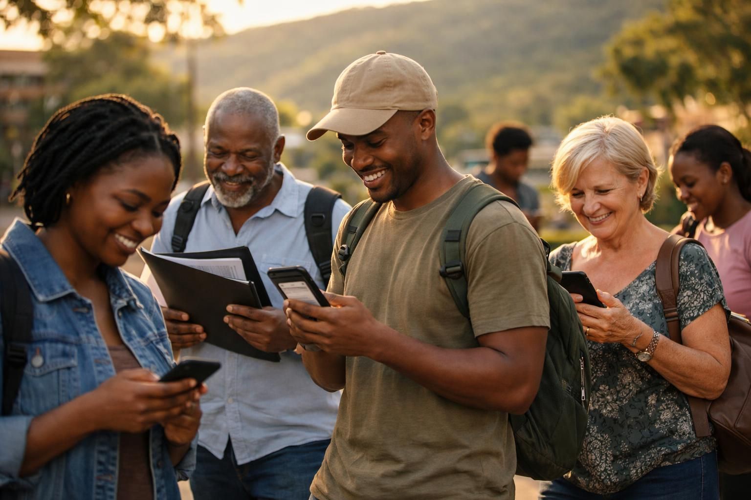 Multigenerational South African job seekers in a campus courtyard near Mbombela, checking job alerts while commuting in late afternoon light.