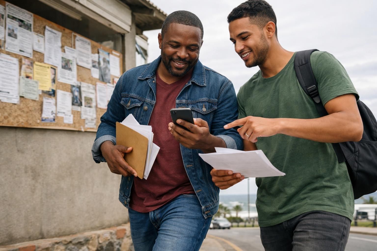 Black South African father returning to studies and a younger mentor walking on an East London seaside road near a community centre noticeboard, reviewing a CV on a phone with paper notes on a bright overcast day.