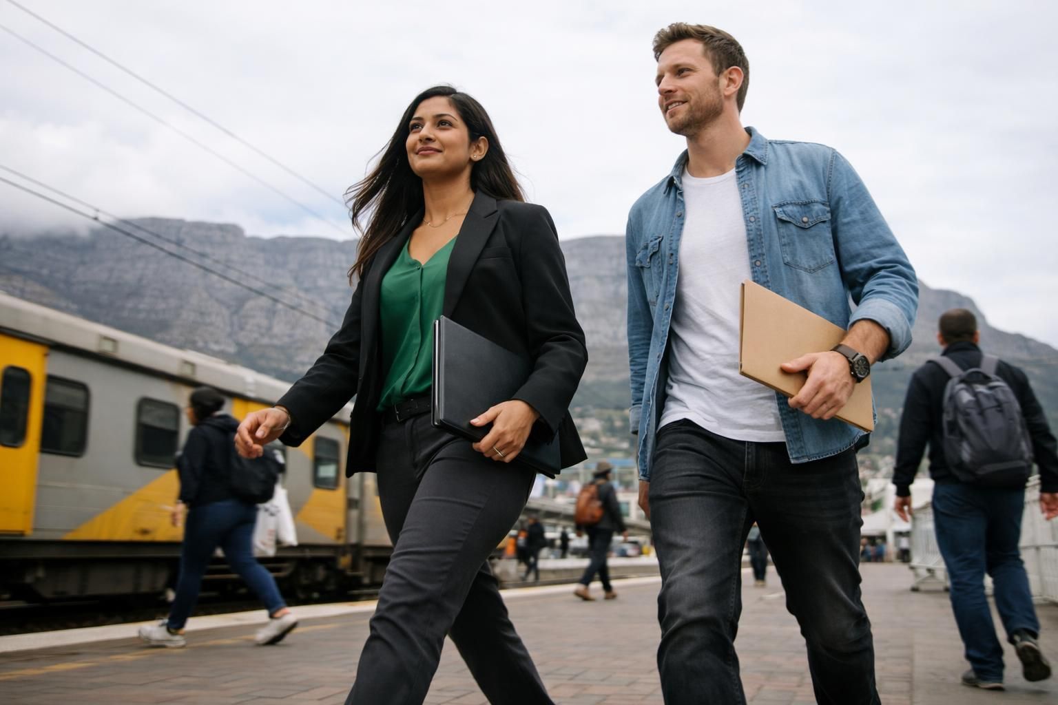 An Indian South African woman and a white colleague walk confidently near the Cape Town train station approach with Table Mountain in the distance on a bright overcast day.