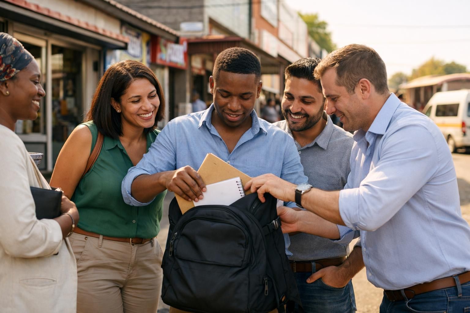 A mixed group of South African job seekers on a Soweto street outside a training centre pack a folder into a bag before heading to an interview in warm summer light.