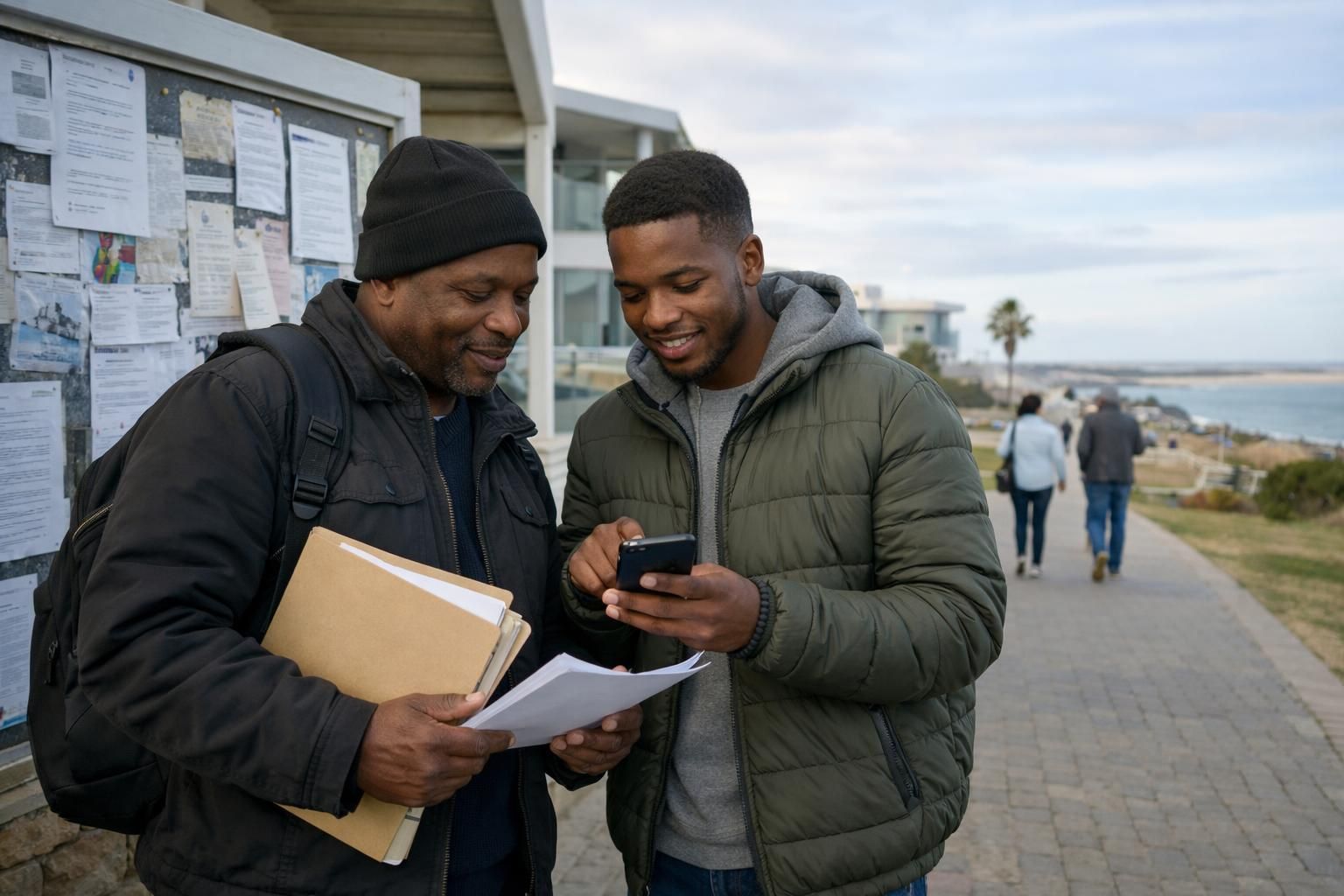 A Black South African father returning to studies and a younger mentor in jackets review a CV on a phone with paper notes near a community centre noticeboard by a Gqeberha coastal campus walkway on a cool winter morning.