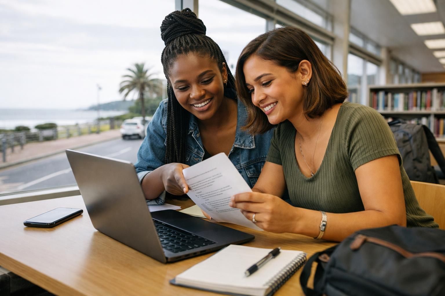 Two friends at a public library study table in East London near the seaside road, helping each other choose skills to add to a CV on a bright overcast day.