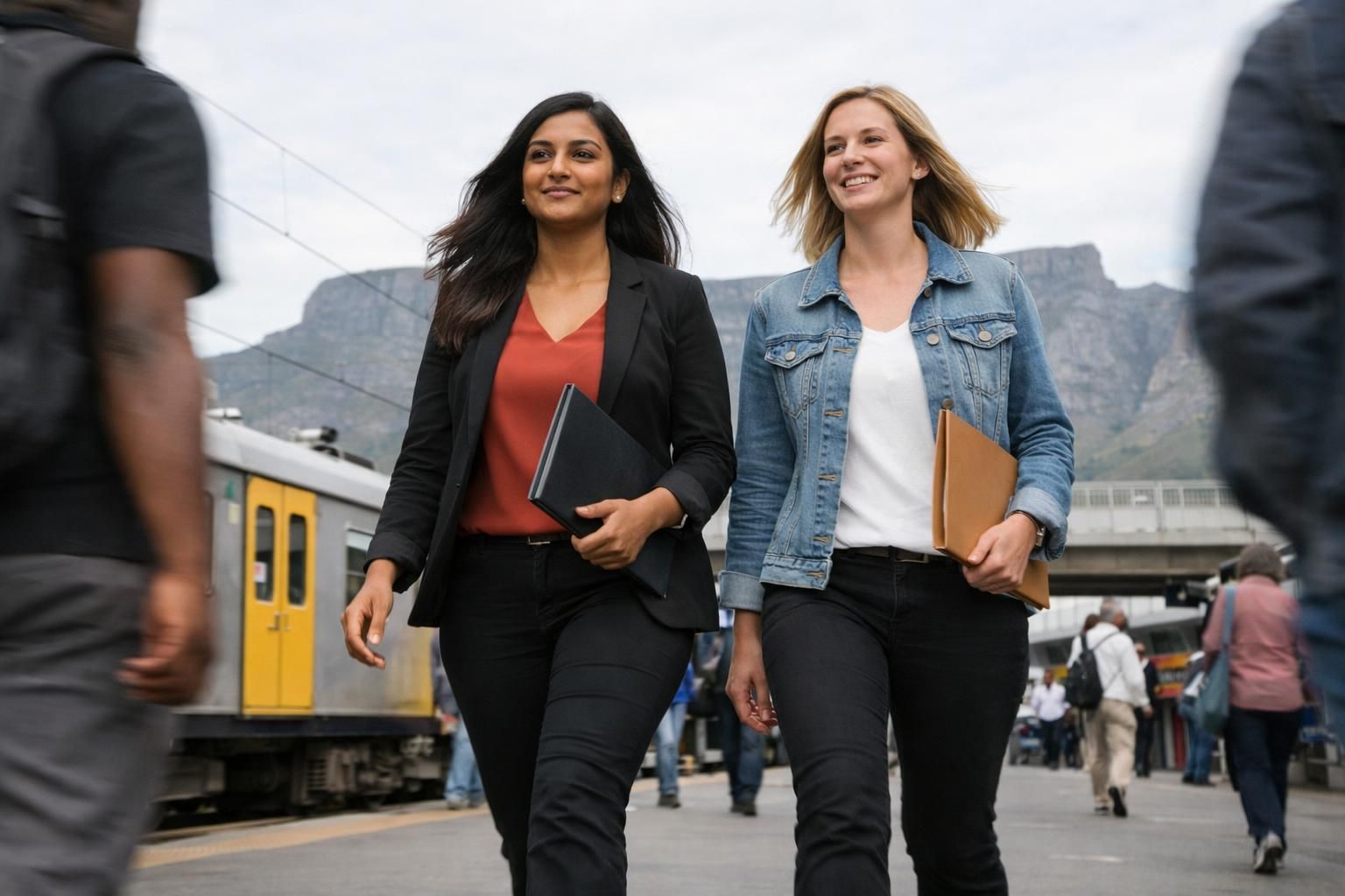 An Indian South African woman and a white South African colleague walking confidently near the Cape Town train station approach with Table Mountain in the distance on a bright overcast day.