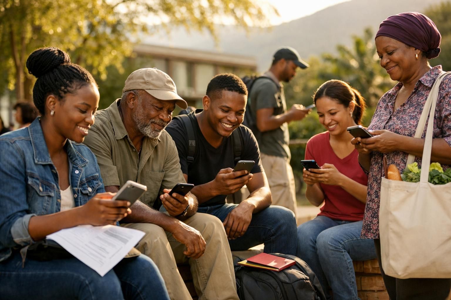 Multigenerational South African job seekers in a campus courtyard in Mbombela checking job alerts and holding a printed CV in late afternoon light.