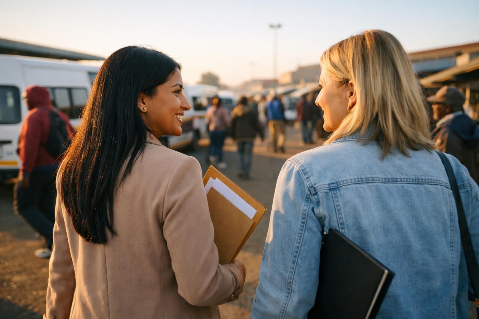 Over-the-shoulder candid photo of an Indian South African woman and a white South African colleague walking confidently near the Polokwane taxi rank in early morning light, holding interview documents.