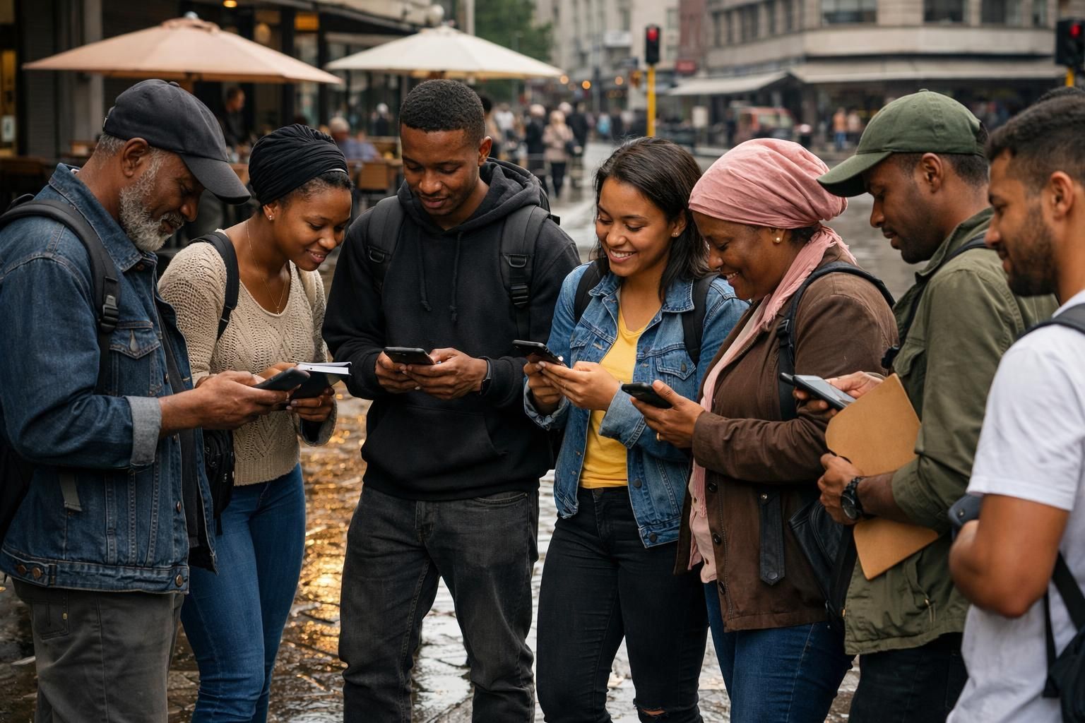 Multigenerational group of South African job seekers in a Braamfontein campus courtyard with backpacks, checking job alerts on their phones after rain with pavement reflections.