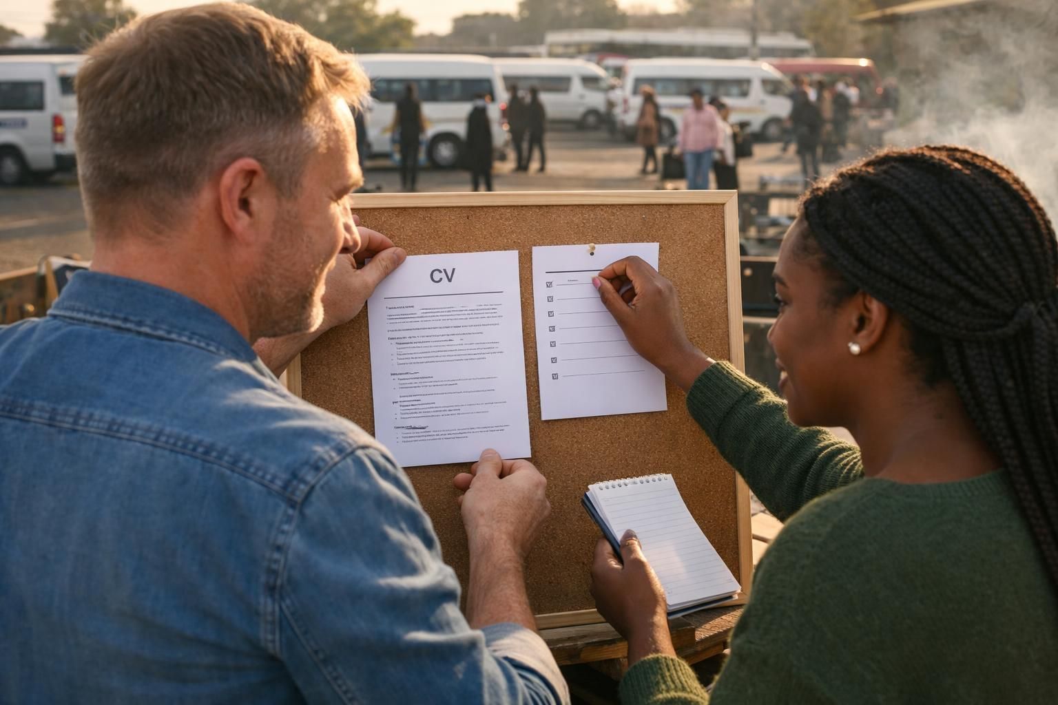 Over-the-shoulder candid photo at the edge of Polokwane taxi rank: a white South African man and a Black South African woman pin a checklist beside a CV draft while preparing for a backyard braai in early morning light.