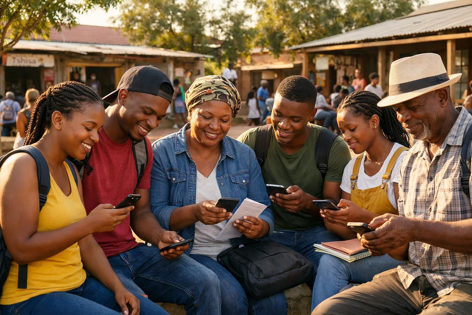 Multigenerational South African job seekers in a campus courtyard near a Soweto neighbourhood street with small local shops, checking job alerts while commuting in warm summer light.