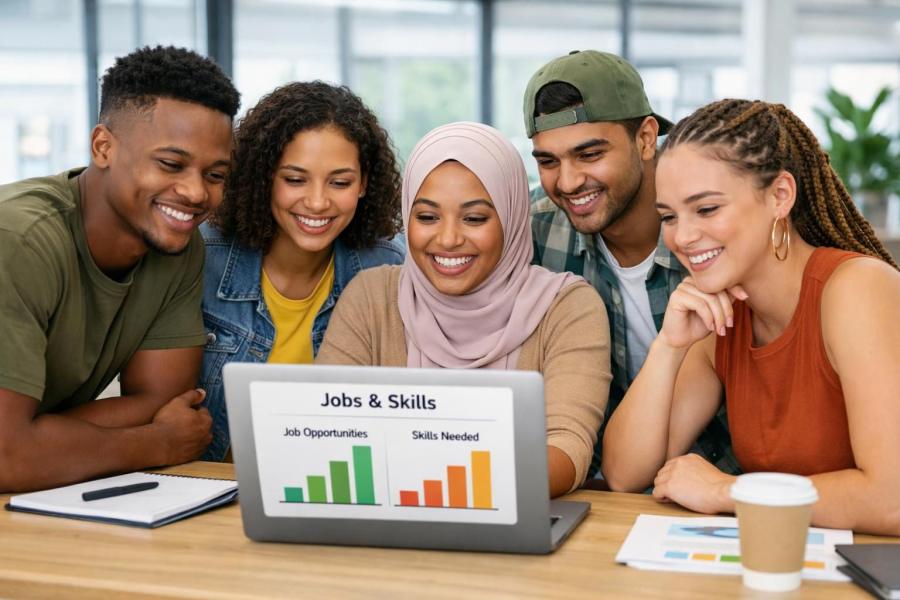 Diverse group of young South African job seekers looking at a laptop with simple bar charts about jobs and skills, bright modern office
