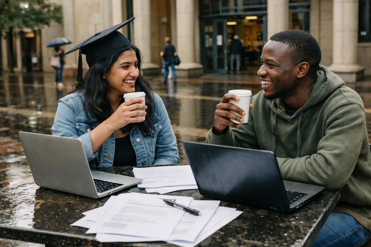 An Indian South African graduate and a Black South African classmate take a coffee break with laptops and printed CV drafts at the Bloemfontein public library entrance after rain.