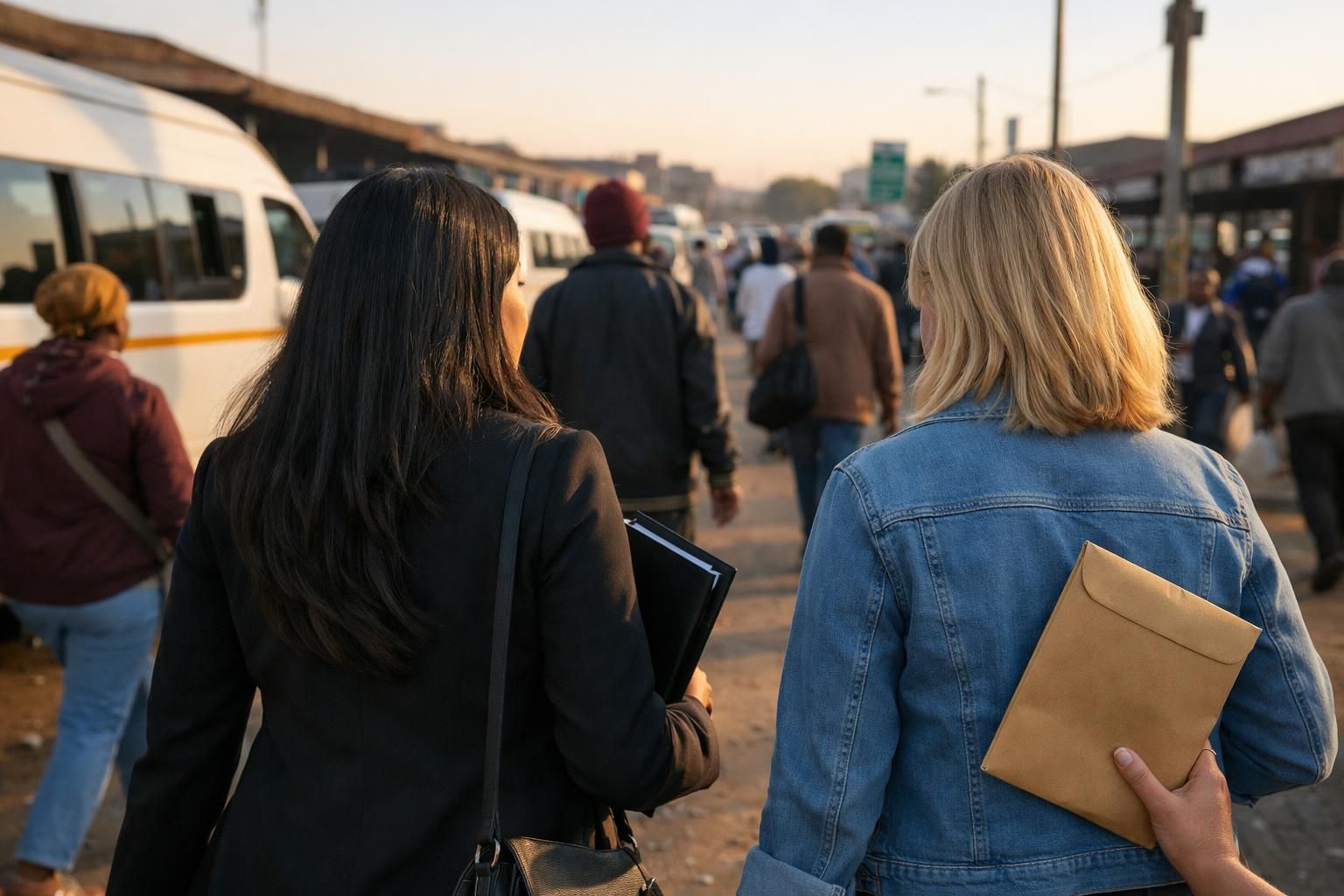 An Indian South African woman and a white South African colleague walk confidently near the edge of Polokwane taxi rank in early morning light, heading to an interview.